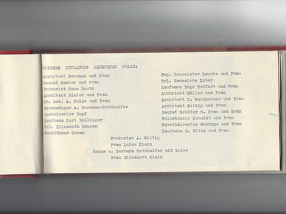Die Gästeliste des Hausballs 1952. Zu den regelmäßigen Gästen gehörten Architekten, Bank- und Baudirektoren, leitende Angestellte der Firma Klein und Familienmitglieder. 