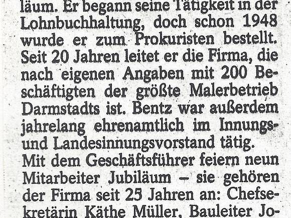 Zeitungsartikel anlässlich des 40. Betriebsjubiläums von Geschäftsführer Hans Bentz, 1985.