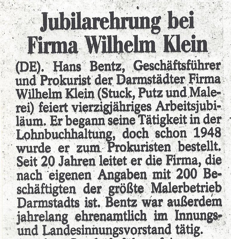 Zeitungsartikel anlässlich des 40. Betriebsjubiläums von Geschäftsführer Hans Bentz, 1985.