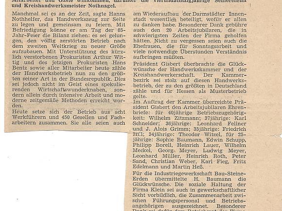 Zeitungsbericht zum 85. Betriebsjubiläum der Firma Klein.