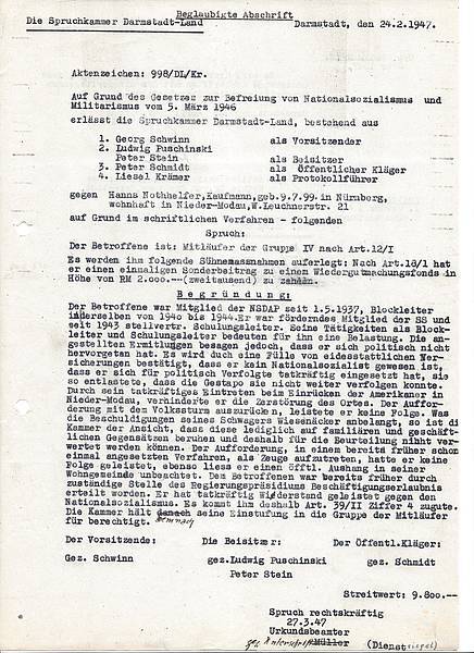 Das Urteil der Spruchkammer über Hanns Nothhelfer lautete "Mitläufer".