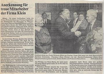 Zeitungsartikel über die Ehrung von Jubilaren bei der Firma Wilhelm Klein.