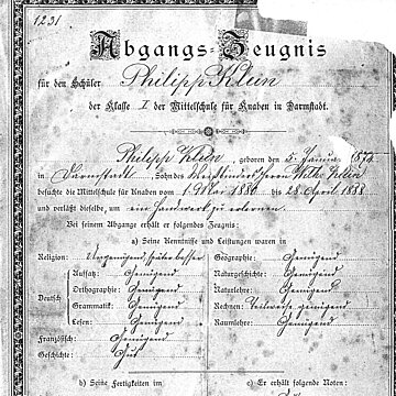 Abgangszeugnis Philipp Klein (1888)