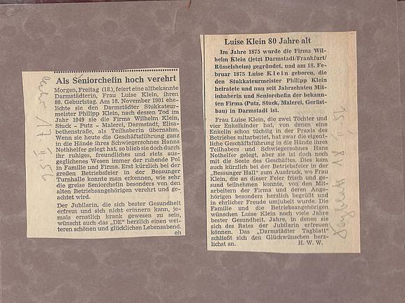 Zeitungsberichte zum 80.Geburtstag von Luise Klein.