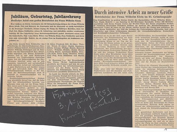 Die Presse berichtete ausführlich über das Betriebsfest zum 85. Jubiläum der Firma Klein. 